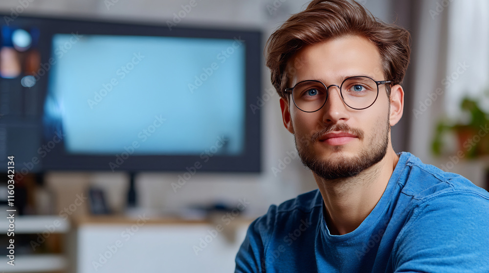 Close-up Photo: Young Man Thoughtfully Reviews Video Editing Project at Home. AI Generated Close-up Photo: Young Man Thoughtfully Reviews Video Editing Project at Home. AI Generated