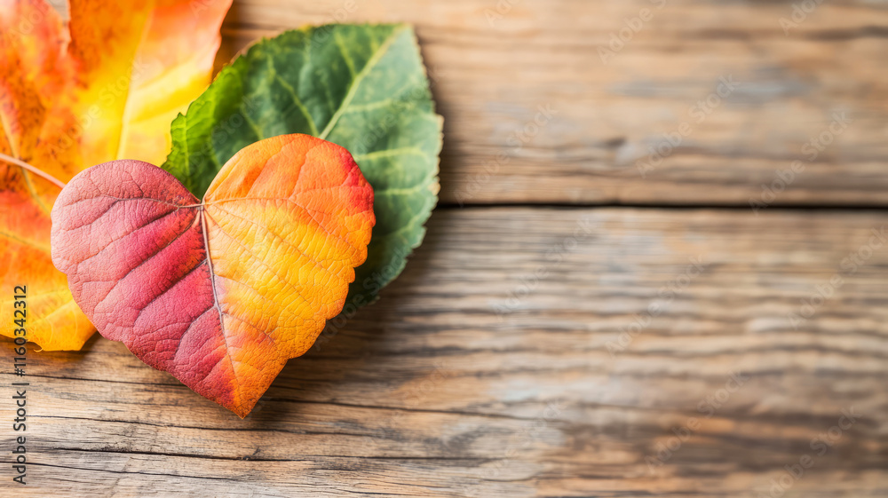 Colorful Heart-Shaped Leaves on a Rustic Wooden Surface Perfect for Autumn Themes