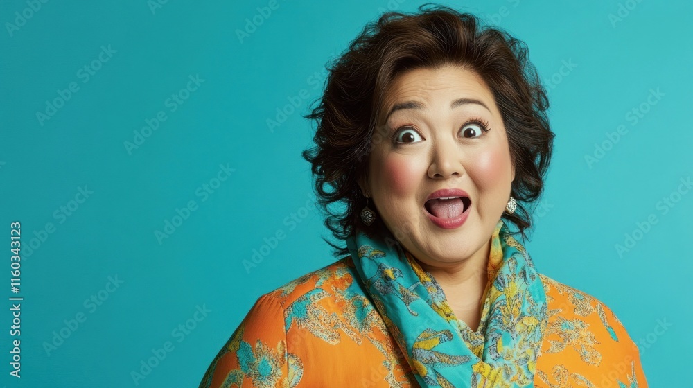 A vibrant portrait of a happy middle-aged plump Asian woman with a surprised joyful face, wearing a trendy blouse and scarf, set against a gradient blue background. A vibrant portrait of a happy middle-aged plump Asian woman with a surprised joyful face, wearing a trendy blouse and scarf, set against a gradient blue background.