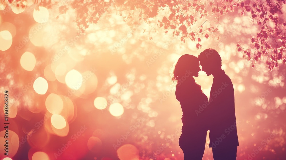 A romantic silhouette of a couple embracing against a soft, colorful background. A romantic silhouette of a couple embracing against a soft, colorful background.