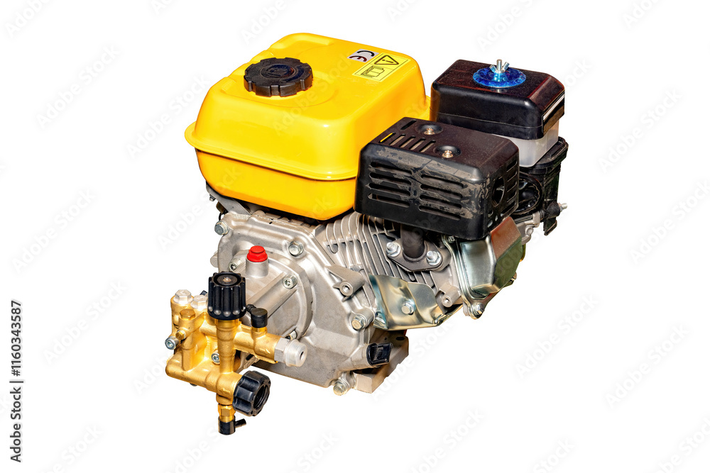 Small gasoline engine with yellow housing and metallic components on a clean background