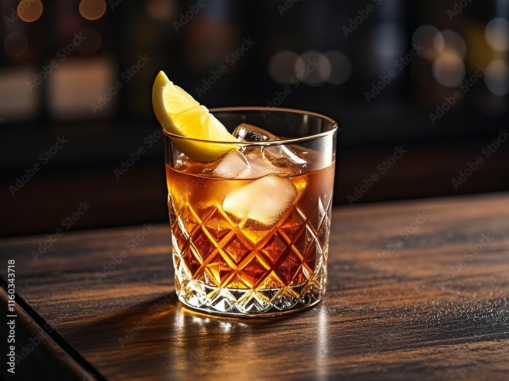 A classic old fashioned cocktail on a dimly lit bar counter, featuring whiskey, ice cubes, and a lemon wedge garnish.