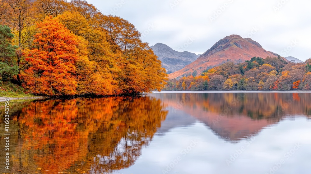Serene Autumn Landscape with Vibrant Trees Reflecting on Calm Lake Surface Serene Autumn Landscape with Vibrant Trees Reflecting on Calm Lake Surface
