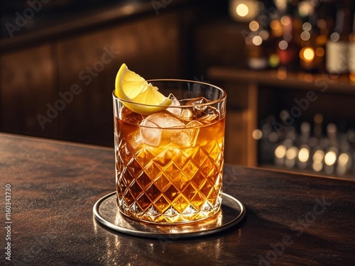 Obraz na płótnie A classic old fashioned cocktail on a dimly lit bar counter, featuring whiskey, ice cubes, and a lemon wedge garnish. w salonie