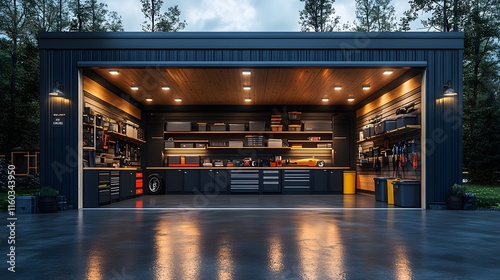 Professional-grade organized garage layout with mounted cabinets and storage bins photo