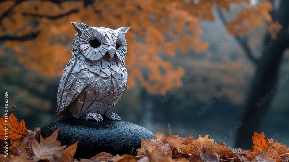 Folded paper owl, autumn leaves, stone. Folded paper owl, autumn leaves, stone.