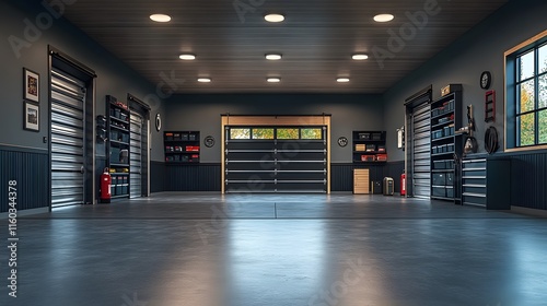 Spacious and clean garage mockup featuring wall-mounted storage racks and open layout photo