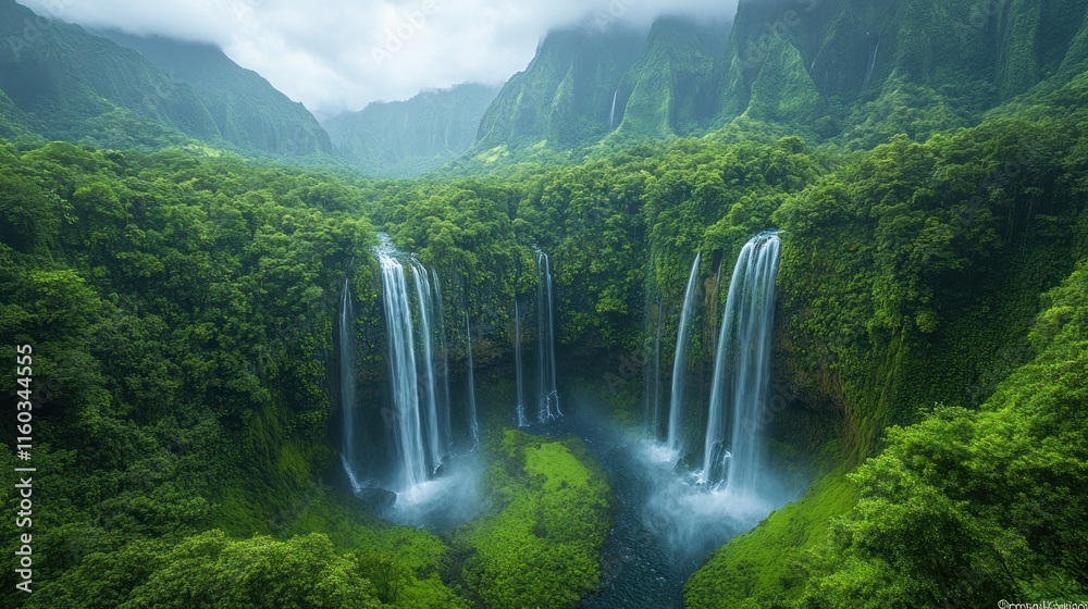 Fototapeta premium Lush green valley, multiple waterfalls cascading.
