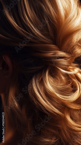 Hairstyle banner featuring a half-up, half-down style with loose curls and natural shine, captured in bright, soft lighting to highlight the texture, photographed in 4K photo