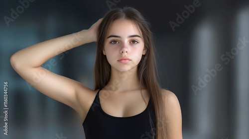 Close-up Photo: Serene Young Woman Gently Touches Hair, Dark Background Portrait. AI Generated