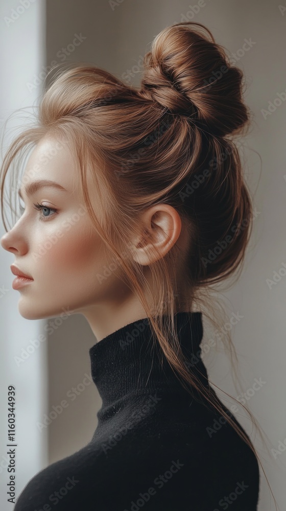 Hairstyle banner showcasing a modern top knot bun with loose strands framing the face, captured in bright natural light in 4K to highlight the style effortless chic look Hairstyle banner showcasing a modern top knot bun with loose strands framing the face, captured in bright natural light in 4K to highlight the style effortless chic look