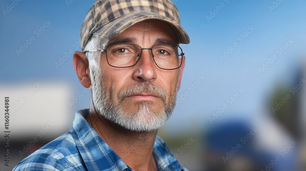 Close-up Photo: Mature Man Pensively Gazing, Outdoors, Transportation Background. AI Generated Close-up Photo: Mature Man Pensively Gazing, Outdoors, Transportation Background. AI Generated