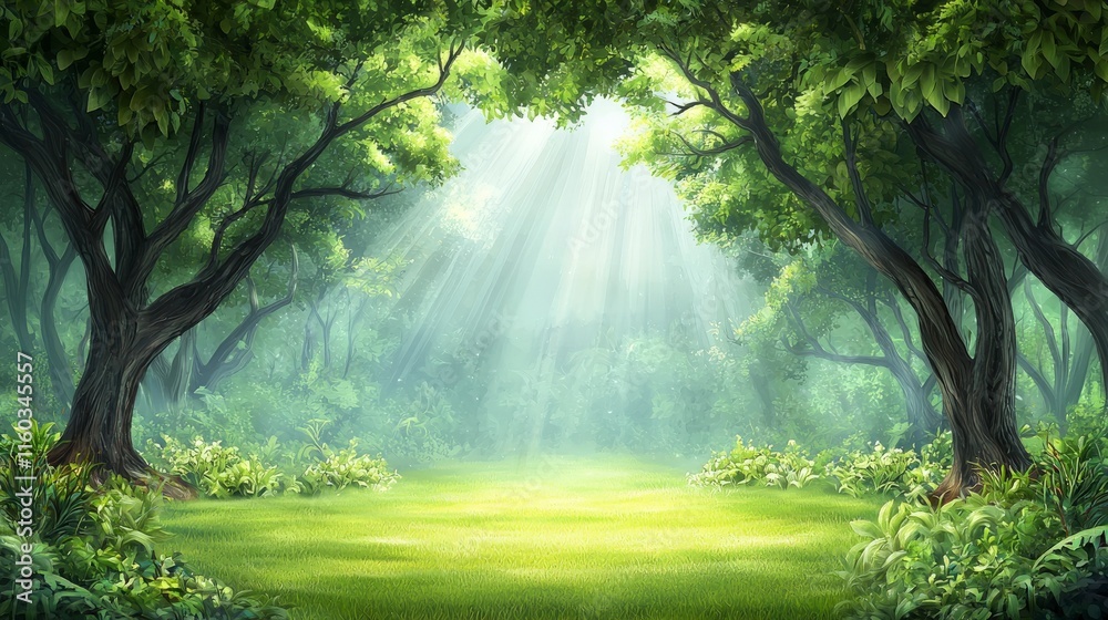 Fototapeta premium Tranquil Sunlit Forest Scene with Lush Greenery and Soft Rays of Light Filtering Through Trees