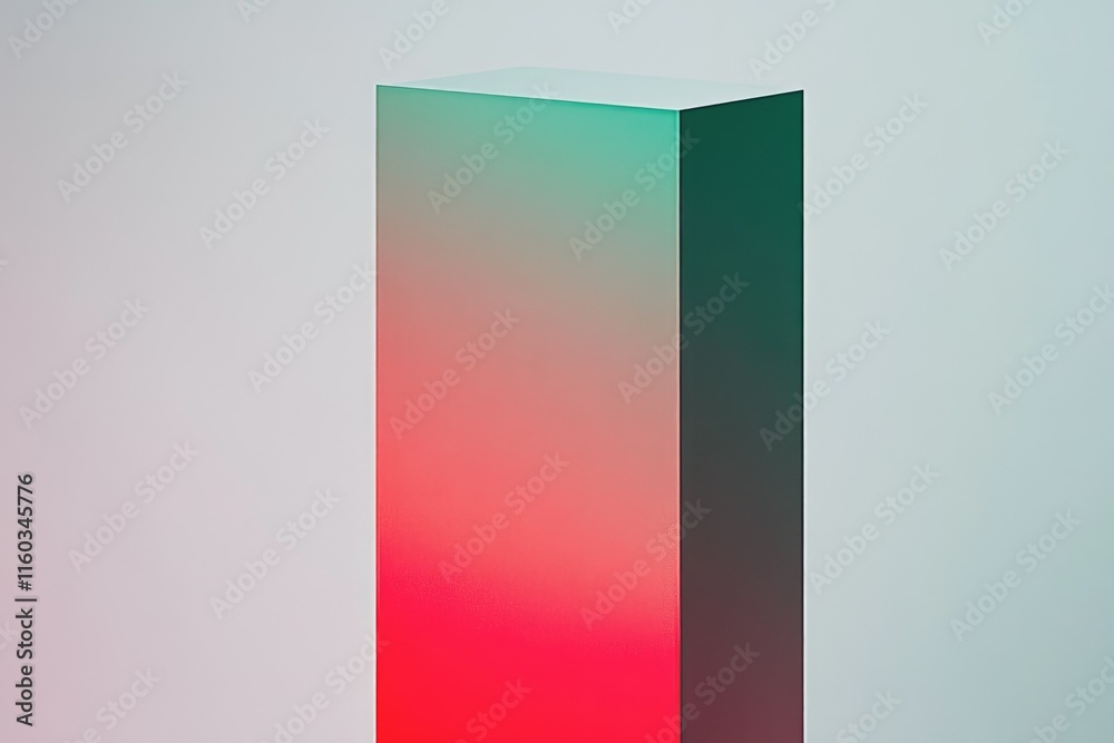 A tall, rectangular prism exhibits a vibrant gradient of red and teal, set against a neutral backdrop. A tall, rectangular prism exhibits a vibrant gradient of red and teal, set against a neutral backdrop.