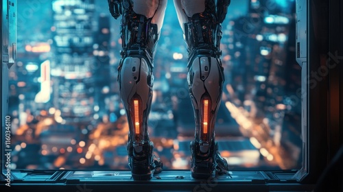 Sophisticated robotic legs with nano-engineered materials, illuminated accents, and precision hydraulic systems, displayed against a futuristic cityscape. photo