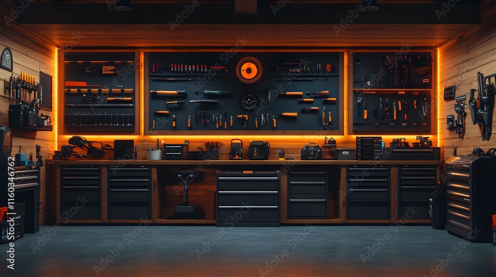 Clean and functional garage mockup showcasing mounted tool racks and minimal clutter Clean and functional garage mockup showcasing mounted tool racks and minimal clutter