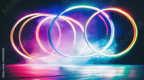 Interlocking rings of light bright neon colors dynamic and energetic visual modern concert vibe