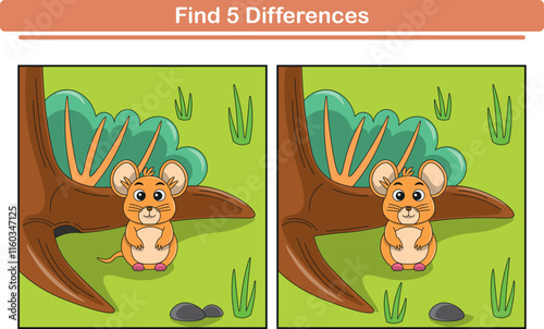 Funny cartoon mouse. Find 5 differences. Kids Education games. Cartoon vector illustration