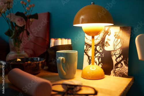 Drawing of young woman and lamp with warm light on cluttered table in dimly lit gen Z girls dorm room