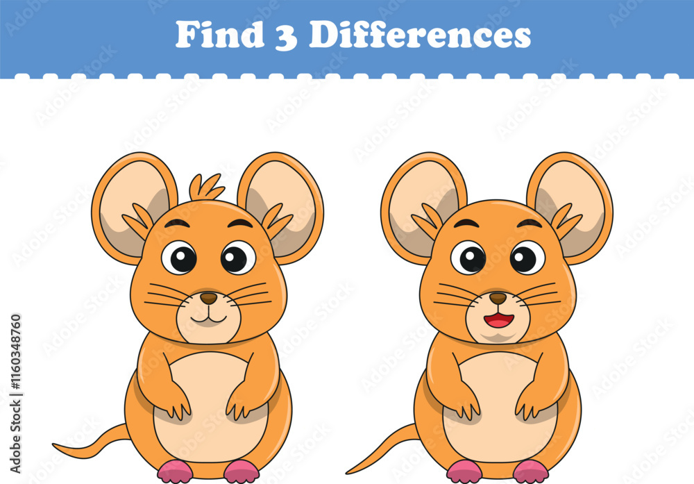 Fototapeta premium Education game for children find three differences between two mouses animal cartoon. Vector illustration