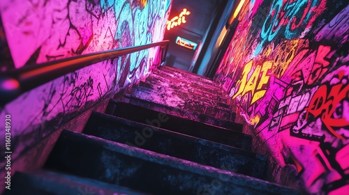 Neon-lit graffiti staircase descending into urban darkness