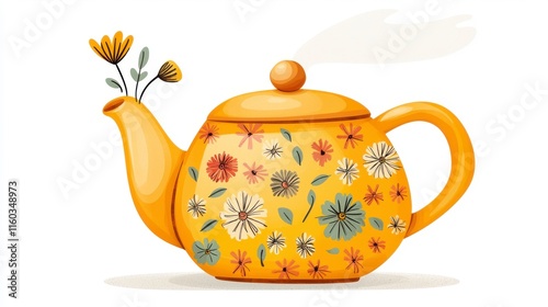 Charming Yellow Teapot with Floral Patterns and Steam Rising for Cozy Moments