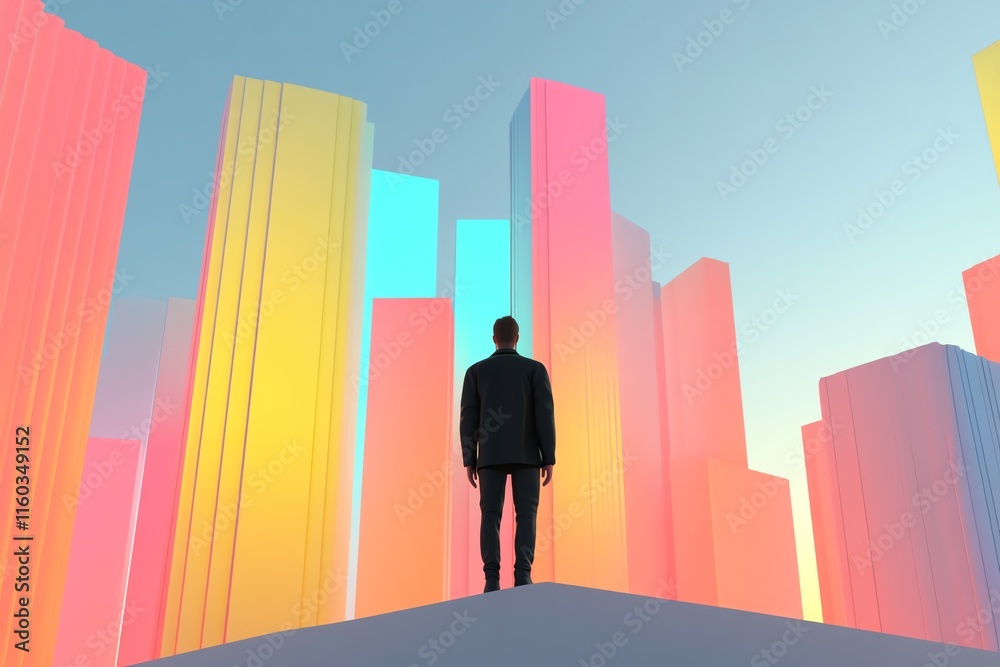 Silhouette of a businessman standing before a vibrant, colorful cityscape. Represents ambition, opportunity, and future success. Silhouette of a businessman standing before a vibrant, colorful cityscape. Represents ambition, opportunity, and future success.