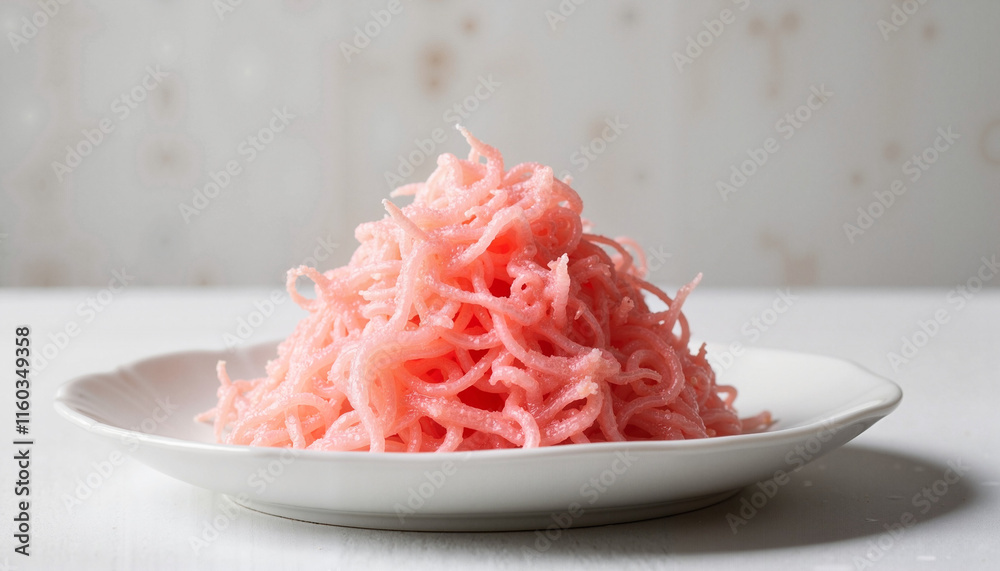Colorful pink noodles arranged in a heap on white plate with neutral background Colorful pink noodles arranged in a heap on white plate with neutral background