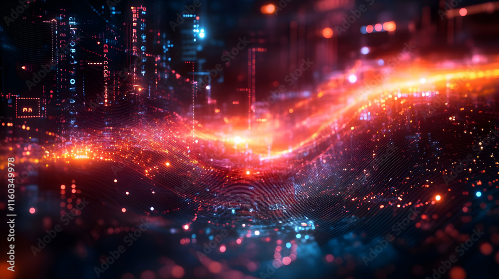 Abstract digital landscape with vibrant light trails and glowing particles. Abstract digital landscape with vibrant light trails and glowing particles.