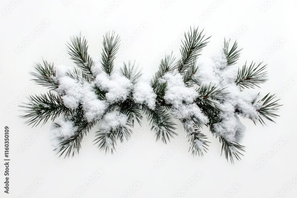 Obraz premium Snow-covered pine branches arranged symmetrically on a white background, evoking a winter wonderland.