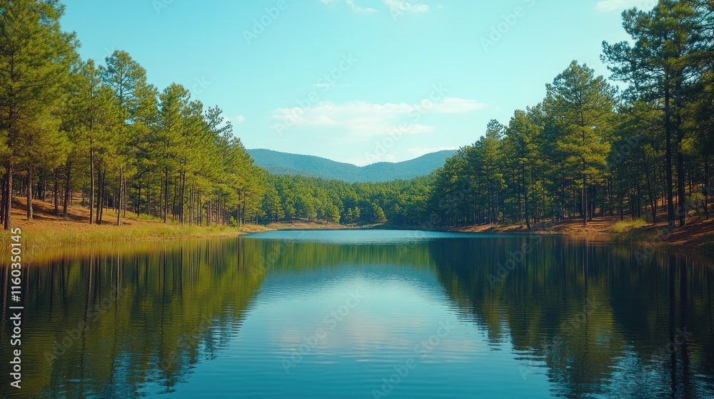 Serene lake reflects trees and mountains. Serene lake reflects trees and mountains.