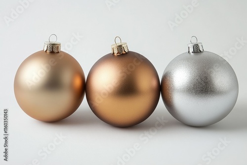 Three metallic Christmas baubles in gold, bronze, and silver, arranged in a row.