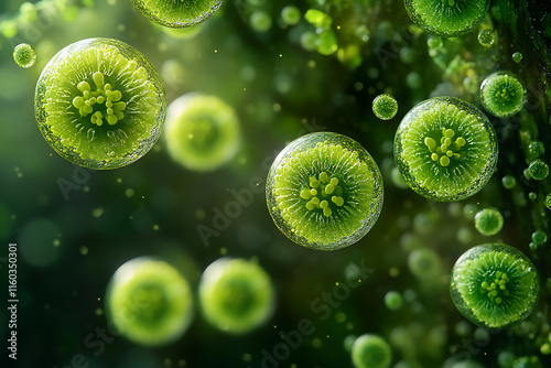 Detailed View of Microscopic Green Organisms
