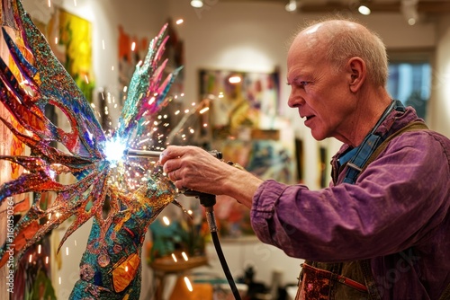 Artisan Artist Creating Unique Metal Artwork in Vibrant Studio Environment with Sparks Flying and Creative Energy Engaging photo