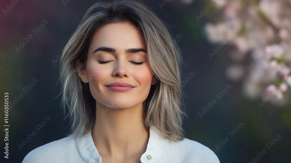 Close-up Photo: Serene Woman Gently Breathing Amidst Spring Blossoms. AI Generated