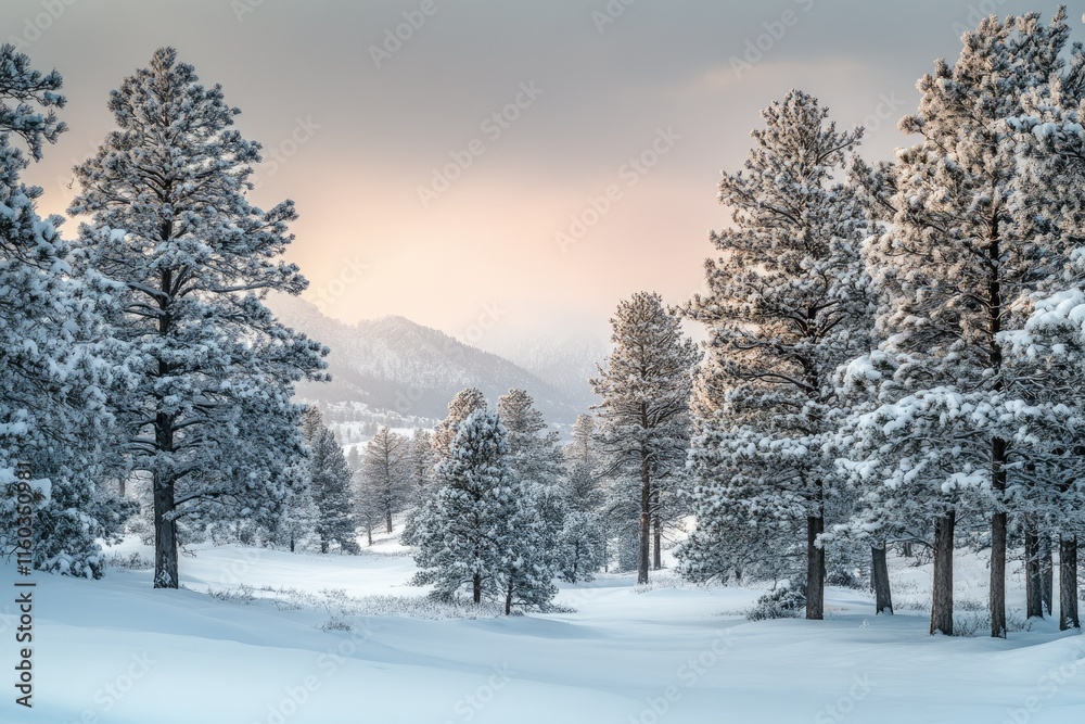 Snow-covered pine trees stand tall in a serene winter landscape at sunrise, mountains in the distance. Snow-covered pine trees stand tall in a serene winter landscape at sunrise, mountains in the distance.