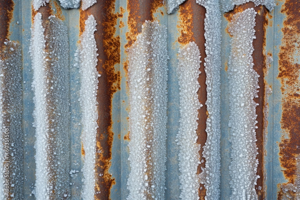 Rusty corrugated metal sheet covered in frost, showing texture and age. Rusty corrugated metal sheet covered in frost, showing texture and age.