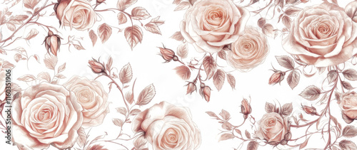 Wallpaper Mural Elegant floral pattern featuring soft pink roses and delicate leaves on a light background Torontodigital.ca