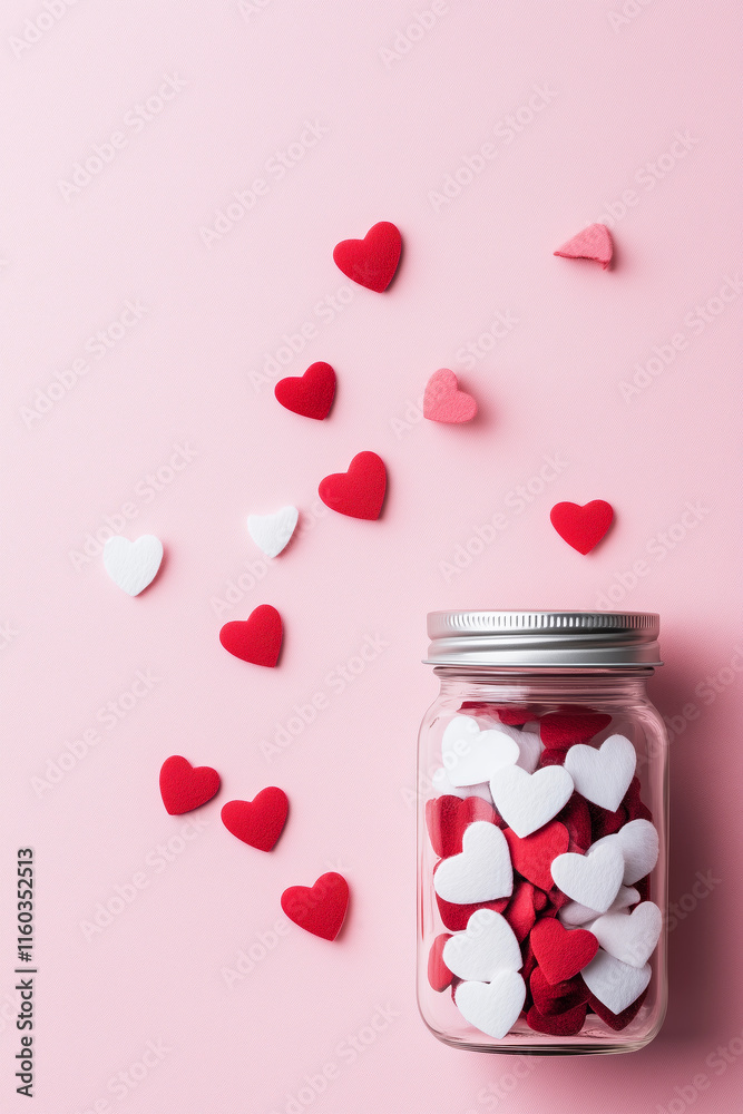 Glass jar full of heart shaped confetti on pink background. Valentines background. Love banner Glass jar full of heart shaped confetti on pink background. Valentines background. Love banner