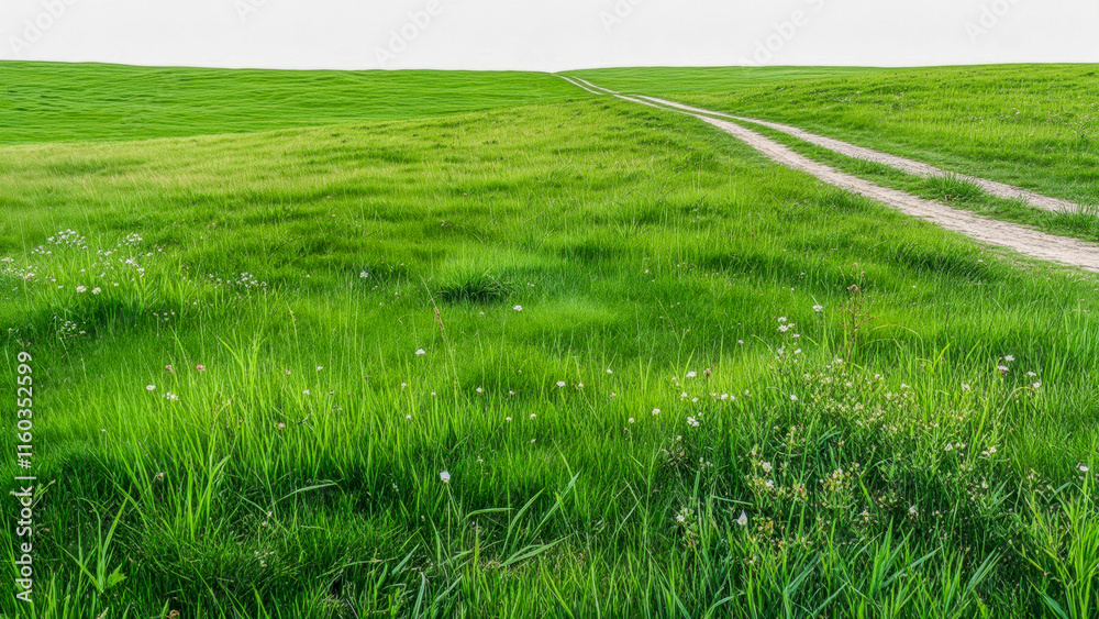 Obraz premium Rolling green fields stretch under a clear sky with a dirt road weaving through the landscape during daytime