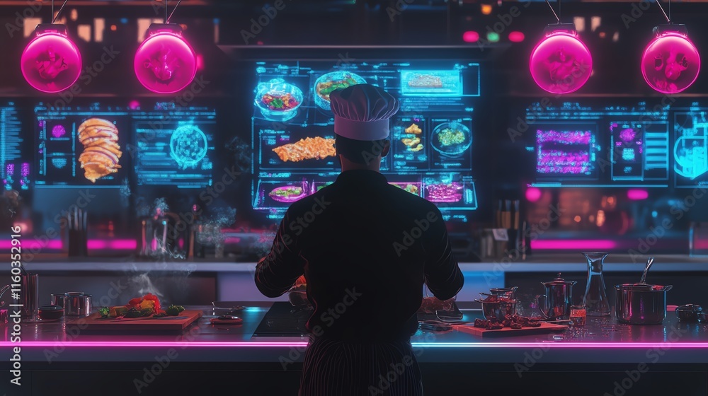 Futuristic chef using holographic technology in a high-tech kitchen. Innovative food preparation and culinary technology concept. Futuristic chef using holographic technology in a high-tech kitchen. Innovative food preparation and culinary technology concept.