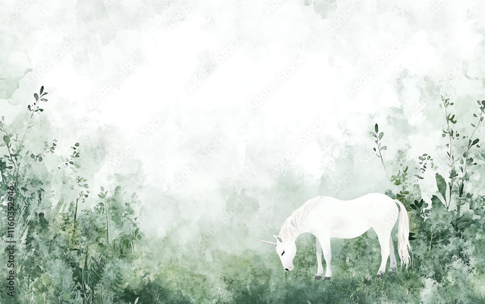 Fototapeta premium Serene watercolor painting of a white unicorn grazing in a misty green forest. Magical, dreamy, and peaceful illustration, perfect for fantasy, fairytale, or nature themes.