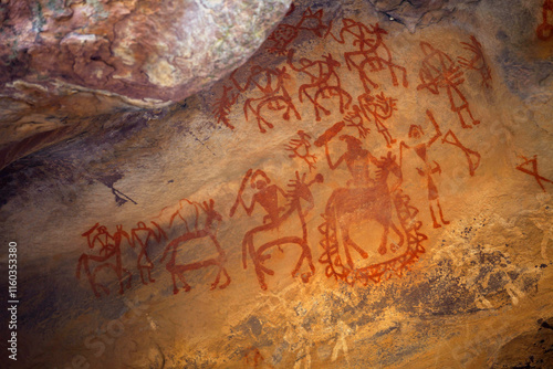 Bhimbetka Rock Shelters, Madhya Pradesh, India. Declared a UNESCO World Heritage, the shelters contain ancient rock art from the Upper Paleolithic to Medieval times.