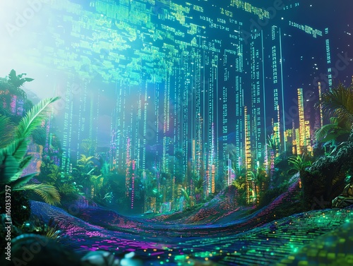 Fototapeta Naklejka Na Ścianę i Meble -  Surreal digital landscape. Vibrant tropical jungle meets glowing, futuristic data streams.  A unique blend of nature and technology.