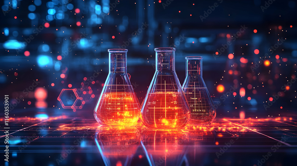 Three glowing laboratory flasks with vibrant liquids in a futuristic setting. Three glowing laboratory flasks with vibrant liquids in a futuristic setting.
