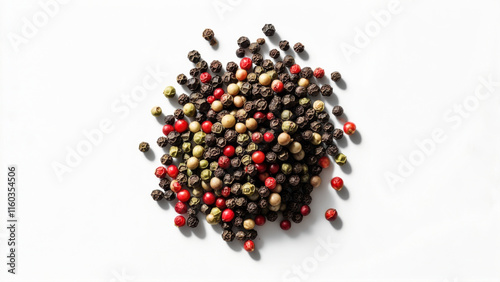 Assorted peppercorns arranged on a white background showcasing various colors and sizes