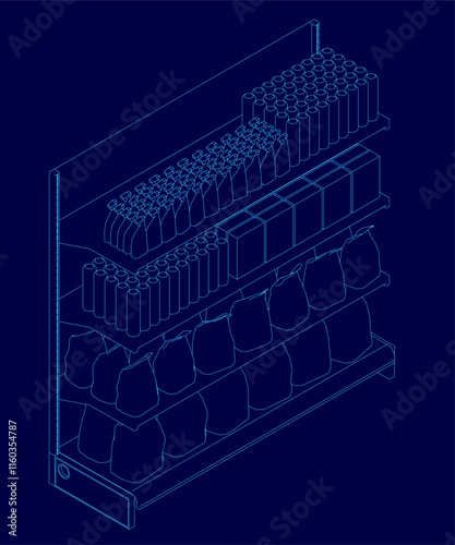 Blue drawing of a store shelf with many items on it. The shelf is filled with various items such as bottles, bags, and boxes. Concept of abundance and variety. Isometric view