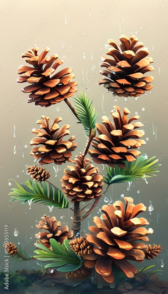 Obraz premium A vibrant illustration of pine cones surrounded by greenery, with raindrops adding a refreshing touch to the natural scene.
