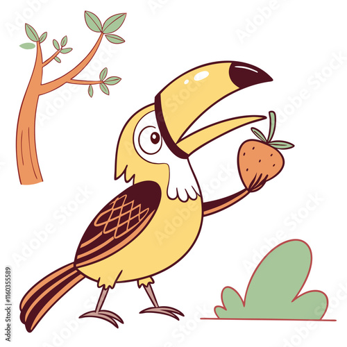 A playful hornbill holding a tiny fruit in its large beak Illustrator Artwork