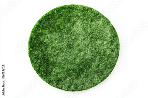 Round green fluffy rug on white background.